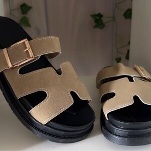 Tan and Black Chunky Platform Sandals